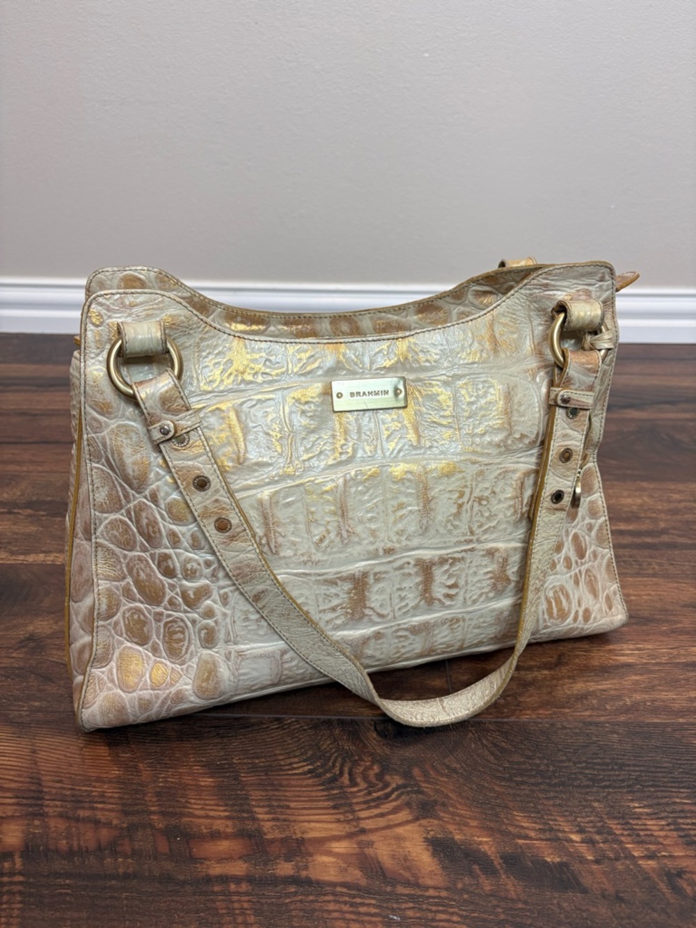 Brahmin Croc-Embossed Tan Gold Accents Leather Shoulder Bag